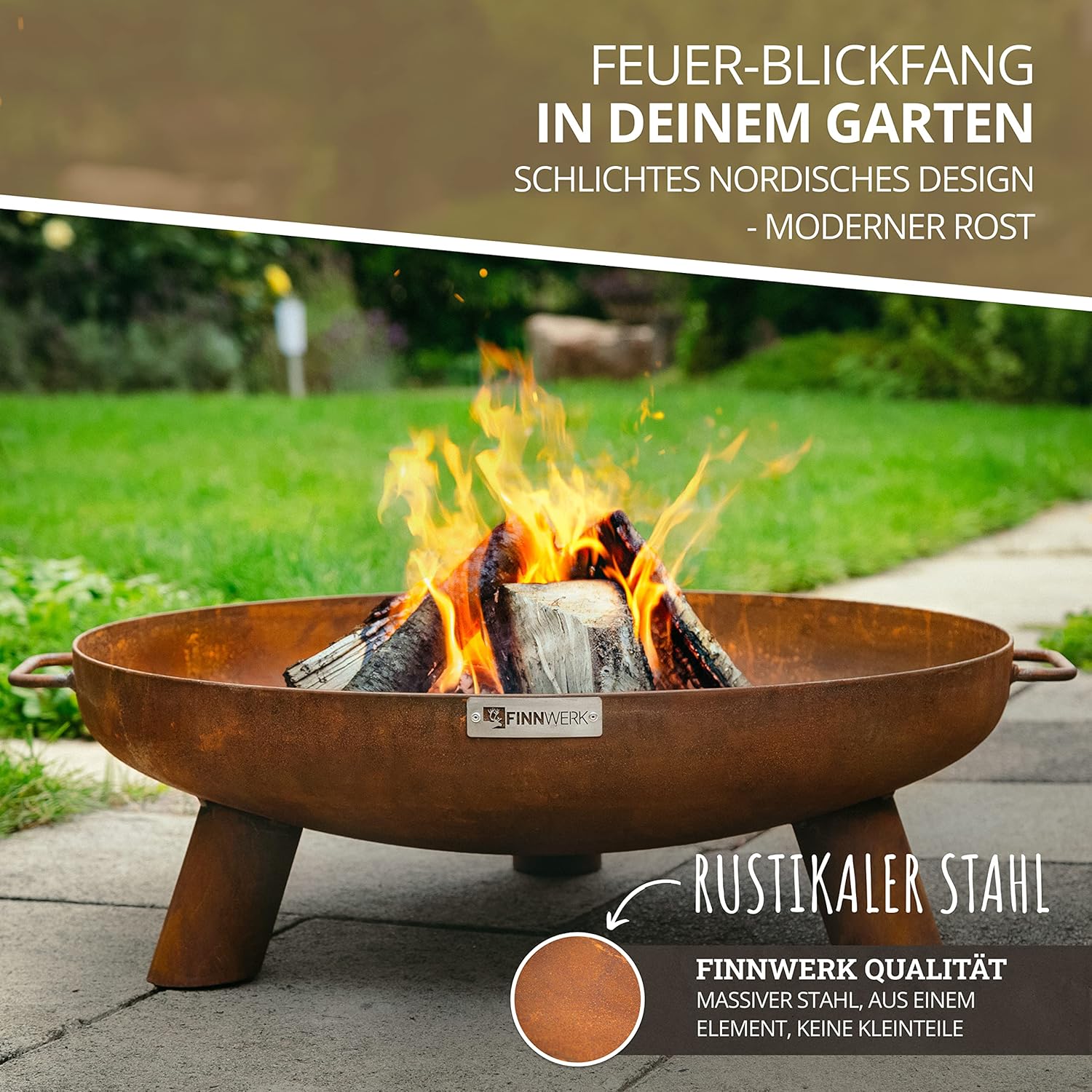 Finnwerk HARRI Feuerschale Rostoptik 60 cm - Exklusiver Stahl mit edler Rost-Patina - Kleine Feuerschalen für den Garten - Dekorativ und Rustikal - Feuerschalen Deckel separat erhältlich