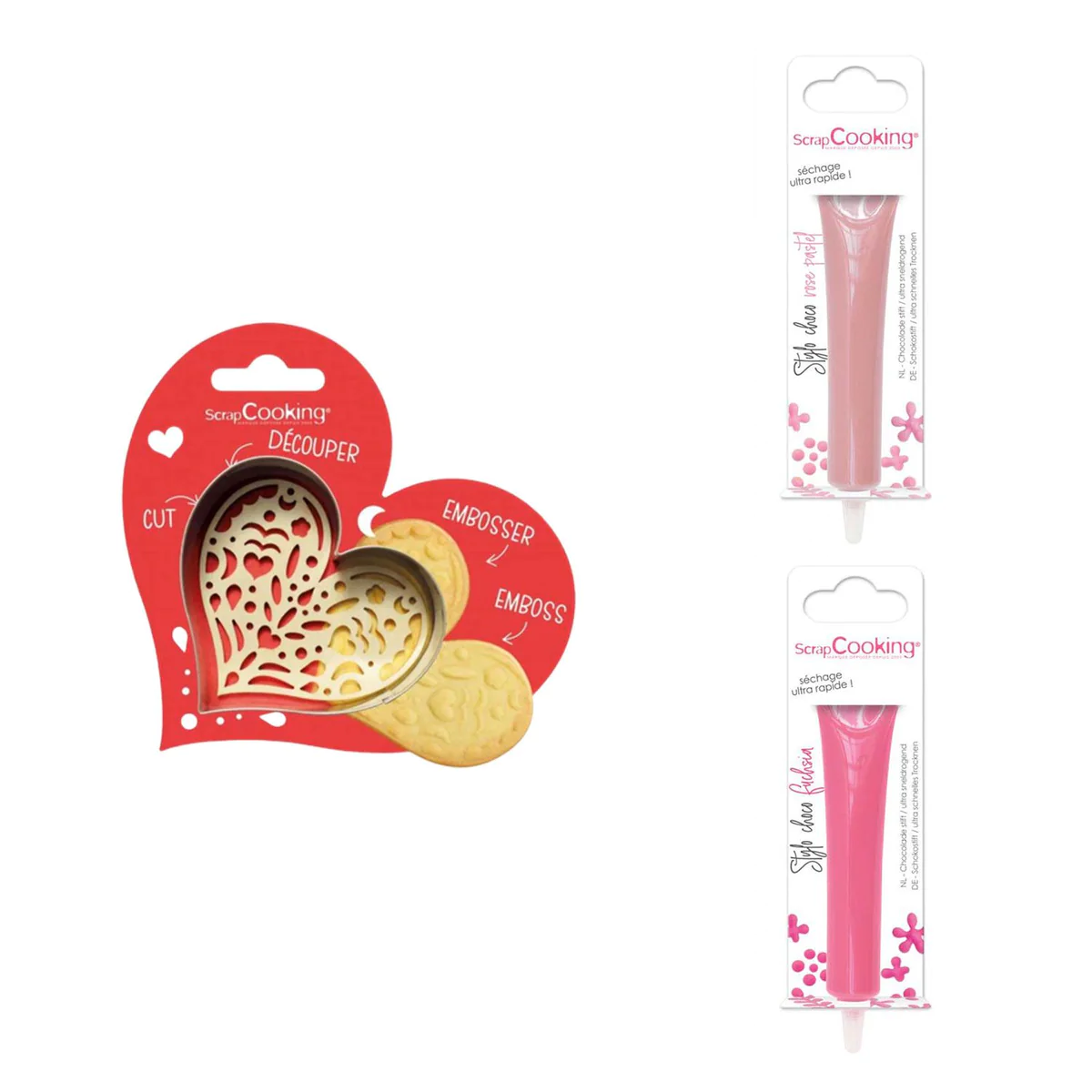 Kit pour biscuit en relief Coeur + 2 Stylos au chocolat rose pastel et
