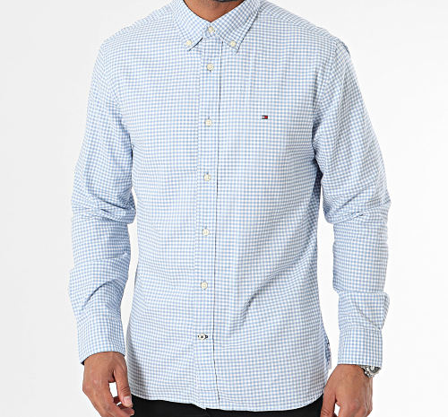 Chemise Manches Longues Oxford Gingham Bleu Clair Blanc