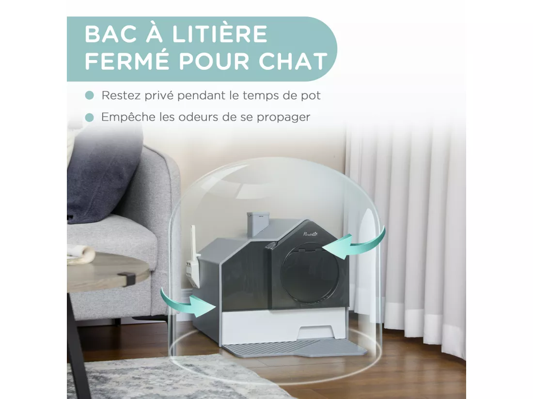 Maison de toilette chat design maison - bac à litière - tapis, poignée, pelle, filtre, tiroir inclus - PP blanc noir gris