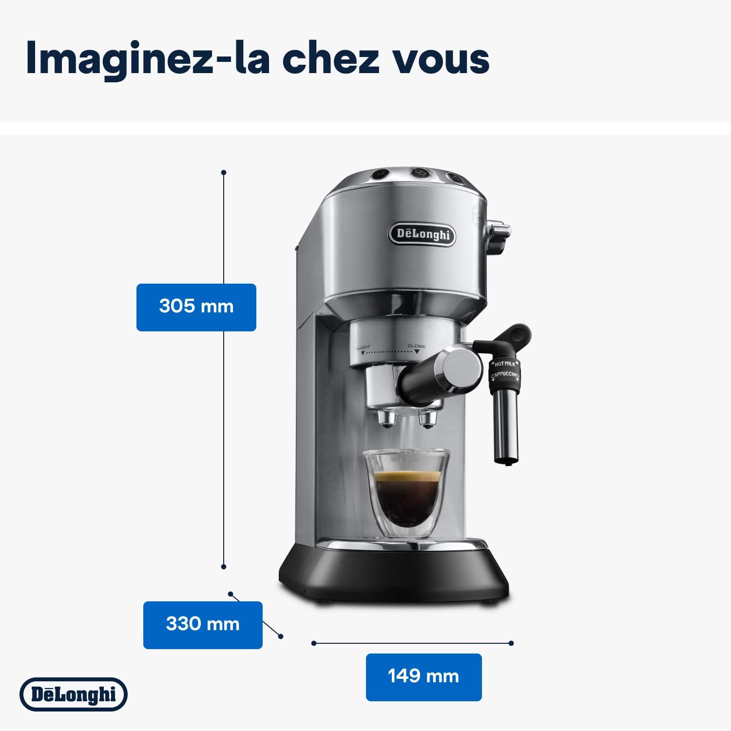 De'Longhi Dedica Style EC685.W, Machine à Café à Pompe en Acier Inoxydable Pour Café Moulu ou Dosettes, Machine à Espresso et Cappuccino, Réservoir de 1,3L, Système Anti-goutte, Blanc