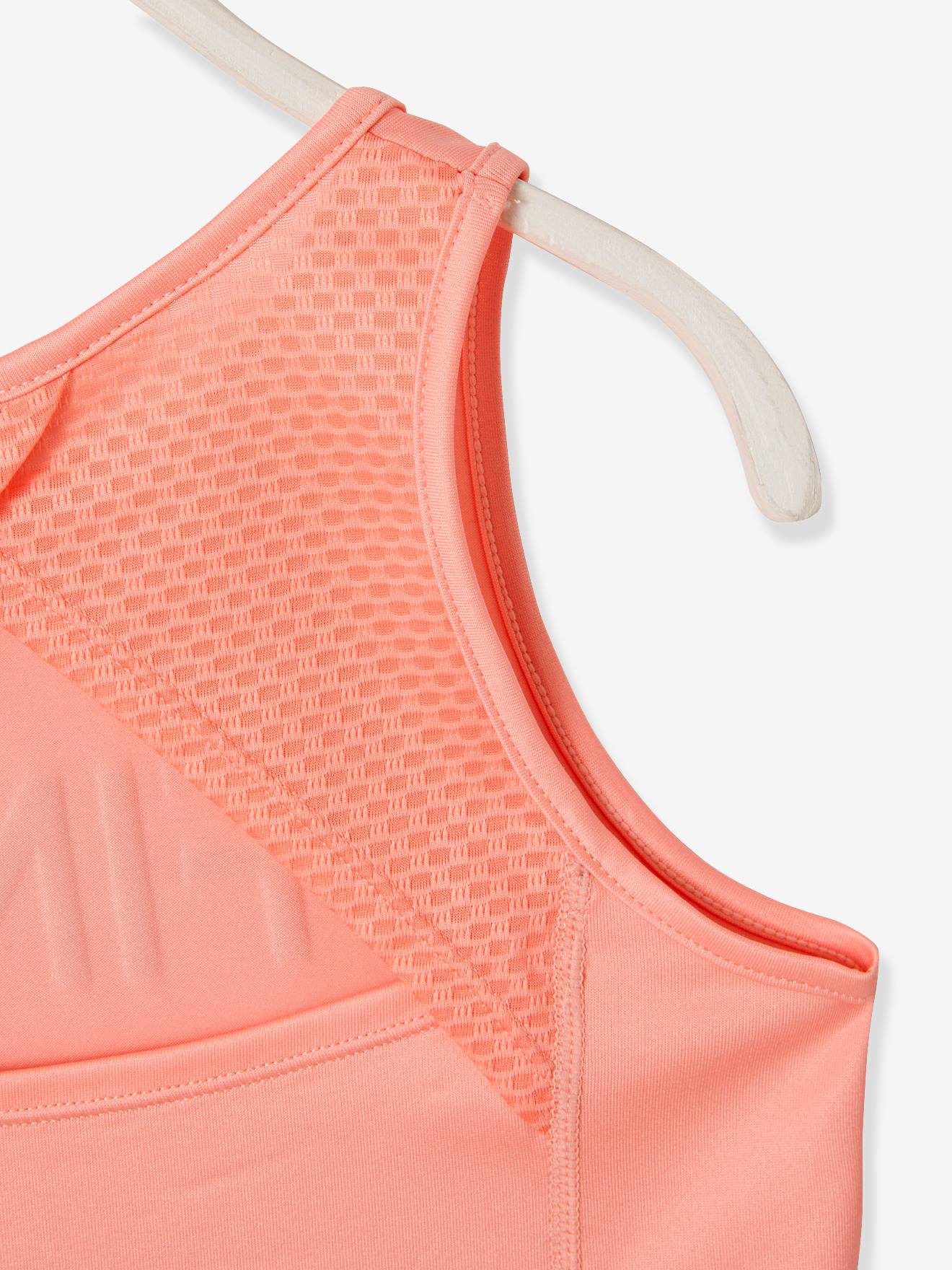 Regata esportiva lisa rosa claro para meninas com letras e motivos iridescentes.