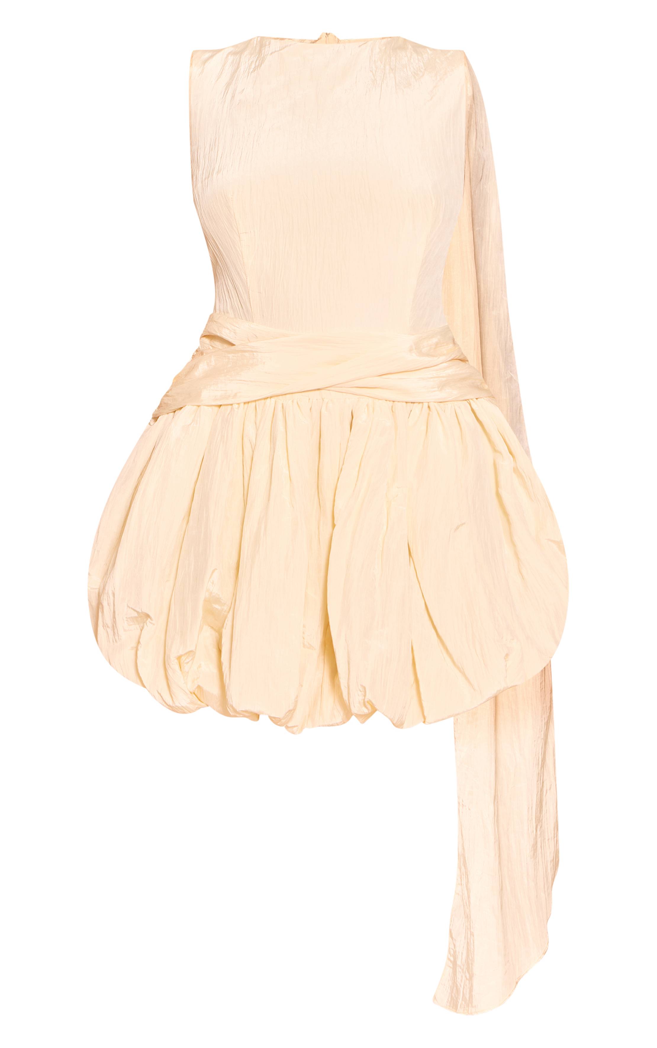 Blanc Robe Mini Drapée Texturée Crème À Ourlet Boule Avec Encolure Cache-cœur