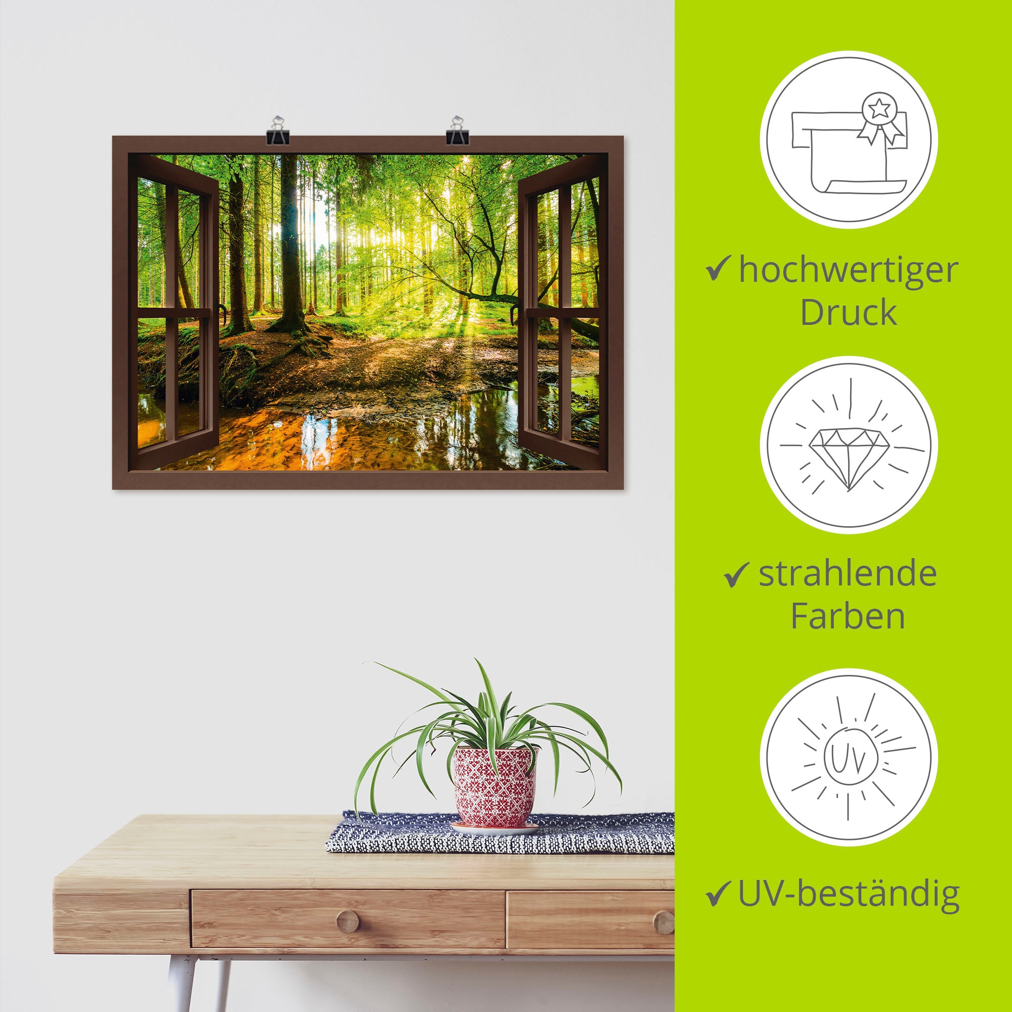 Artland Wandbild »Fensterblick - Wald mit Bach« Wald 1 Stk. tlg. als Leinwandbild, Poster, Wandaufkleber in verschied. Grössen