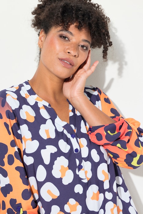 Bluse, Leo-Mustermix, Tunika-Ausschnitt, Langarm
