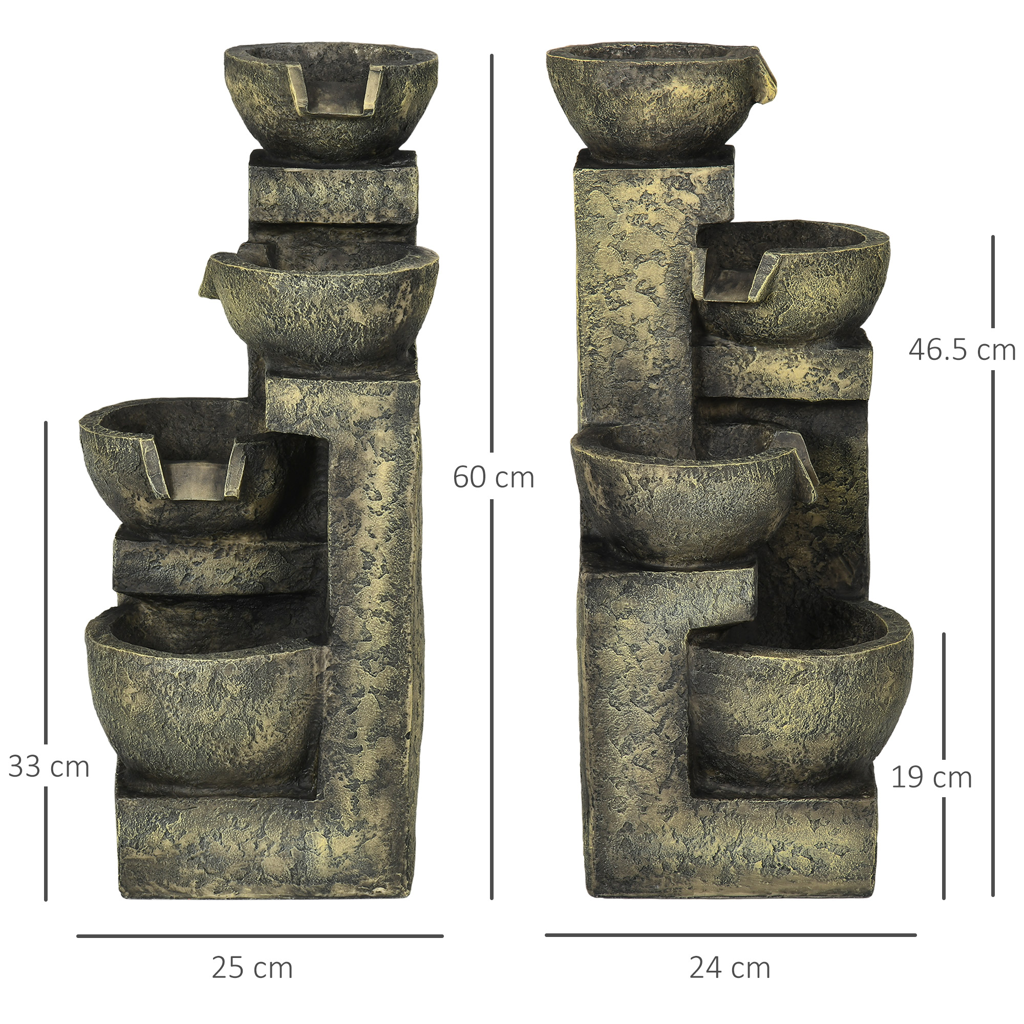 Fonte de jardim Outsunny 5W, fonte de cascata de 4 níveis com bomba de água e saída de água ajustável para decoração de pátio, 25x24x60 cm, multicolorida