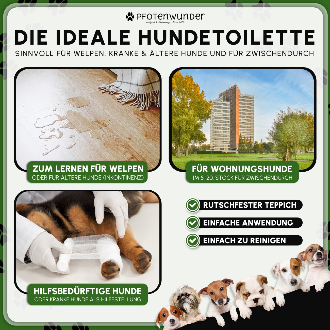 PfotenWunder® Hundeklo XXL 76*51cm, 2 Easy-Wash-Rasen + 1 Büchlein, Hundetoilette für kleine & große Hunde, festes Gras, Welpentoilette drinnen Welpenklo zuhause Gras Hundetoiletten Balkon Indoor WC Klo