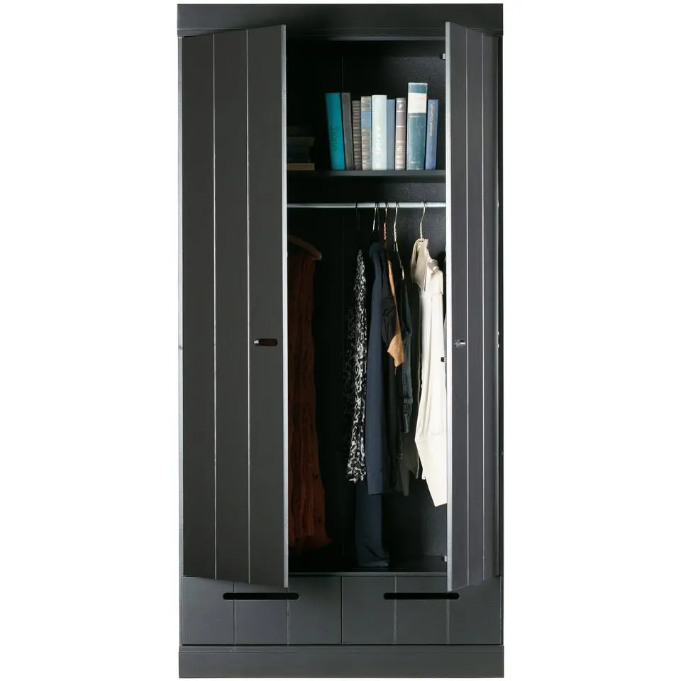 WOOOD Connect Kledingkast 2-Deurs met Lade- Grenen - Zwart - 195x94x53