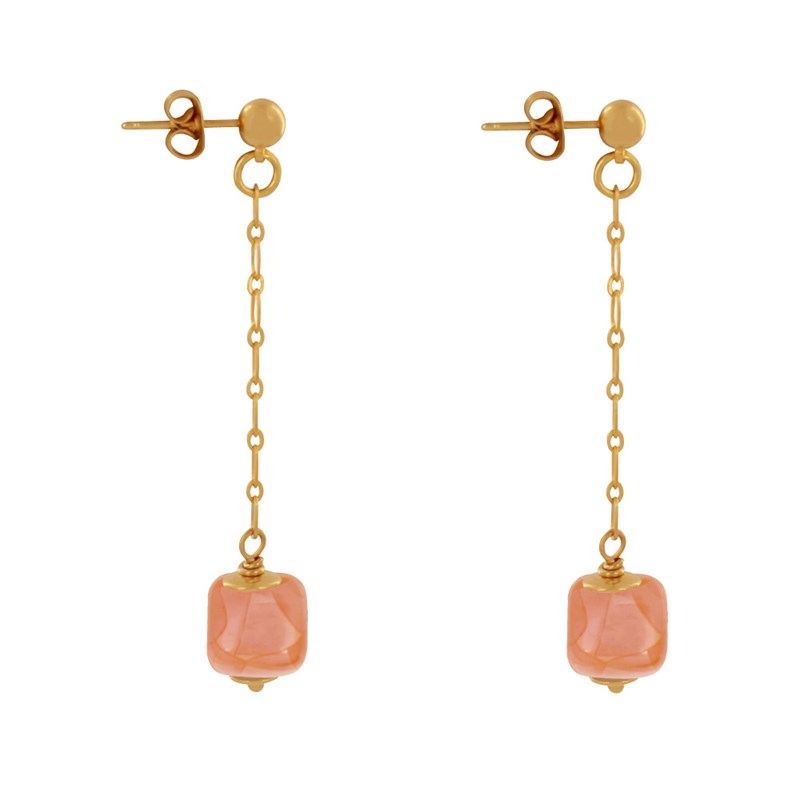 Boucles d'Oreilles Chainette Laiton Doré et Cube en Céramique