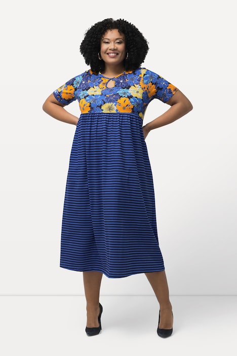 Jerseykleid, Blüten/Streifen, A-Linie, Rundhals, Halbarm