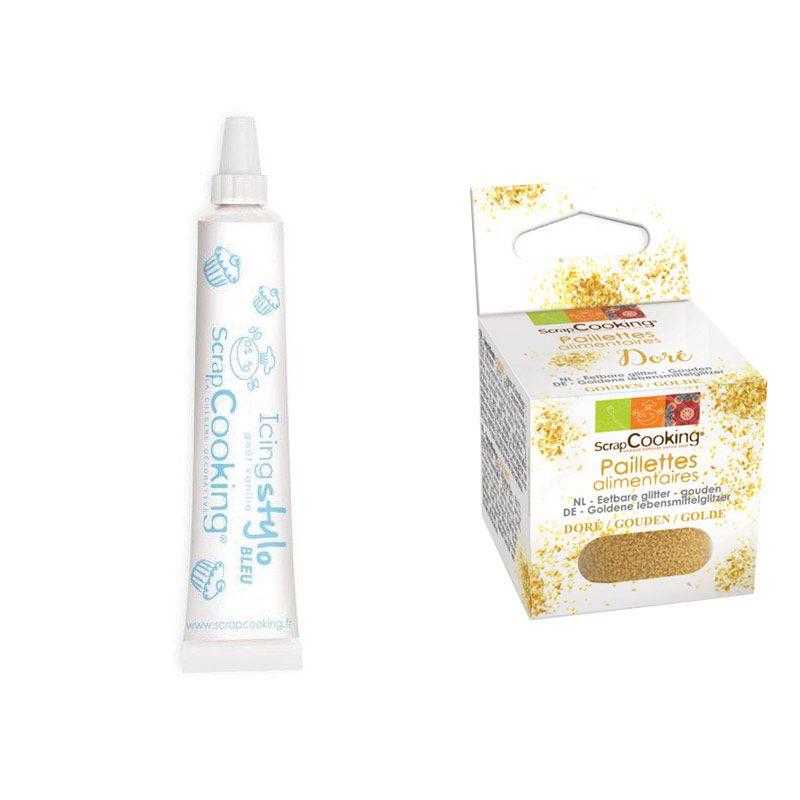 Stylo glaçage bleu goût vanille + paillettes dorées Scrapcooking