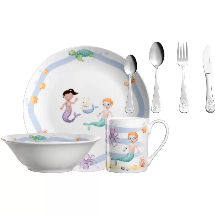 Leonardo Kindergeschirr Set mit Besteck BAMBINI AVVENTURA hellblau