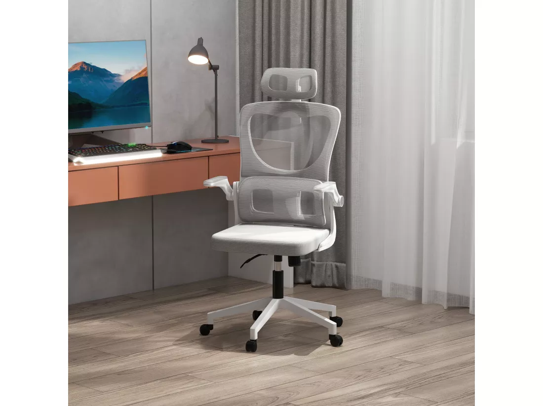 Fauteuil de bureau ergonomique réglable - fonction bascule, support lombaires, tétière ajustable - blanc gris