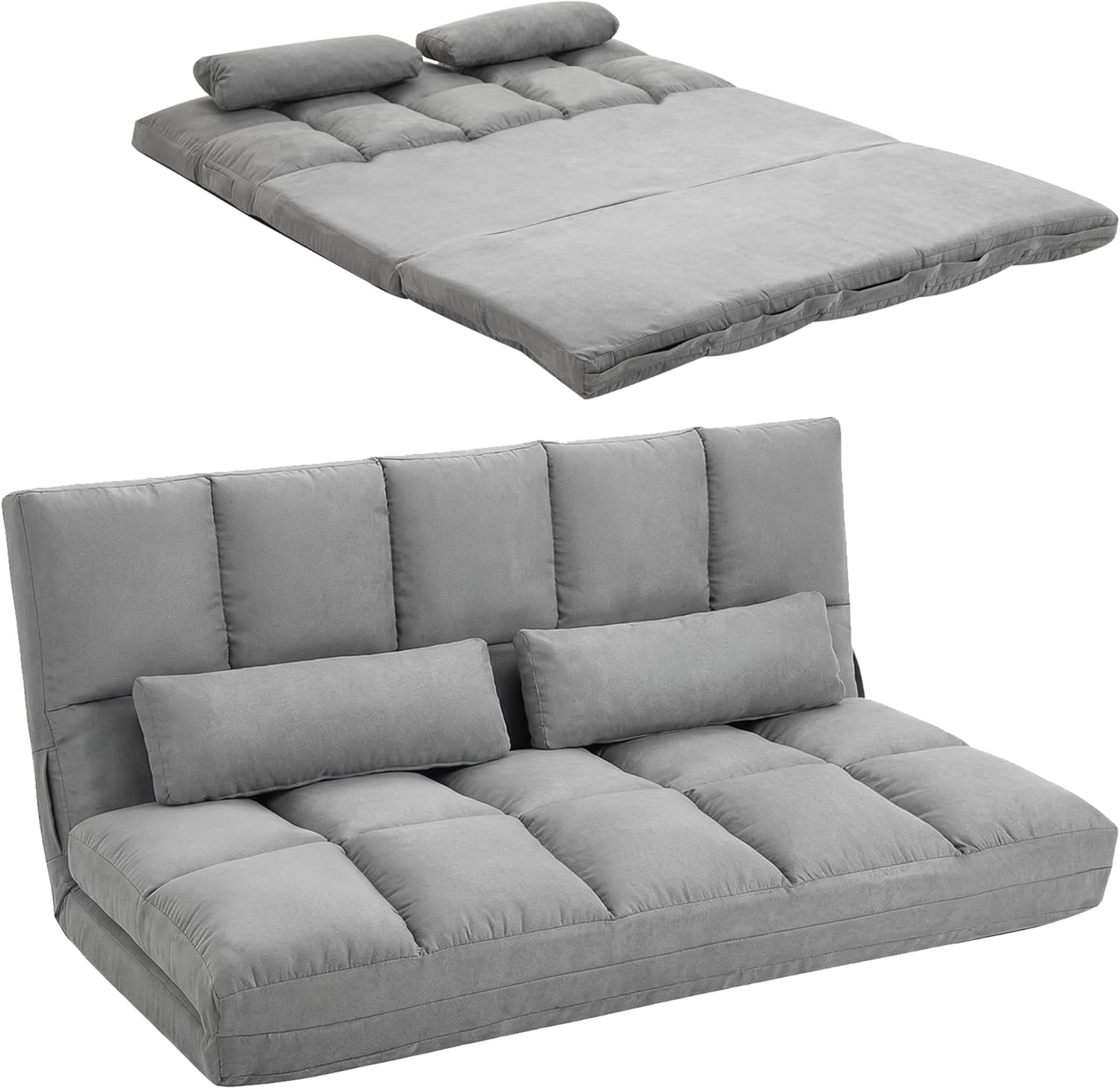 HOMCOM Bodensofa Schlafsofa Bodensofa mit 3-stufig verstellbar Rückenlehne, 5-stufig verstellbar Kopfstütze, Klappsessel Sofabett Hellgrau 130 x 73 x 60 cm