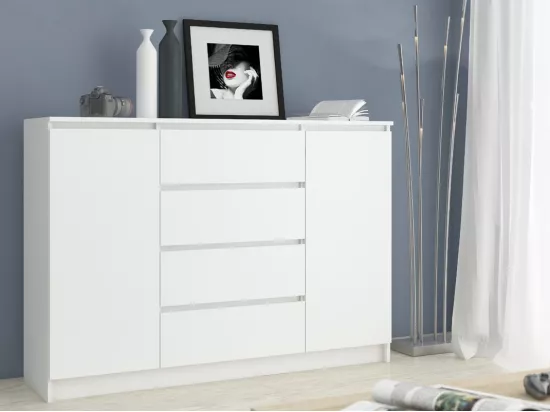 Grande Commode pour le salon AKORD K160 Blanche 160 cm 2 portes 4 tiroirs façade Blanche 4 étagères 160x40x99 cm