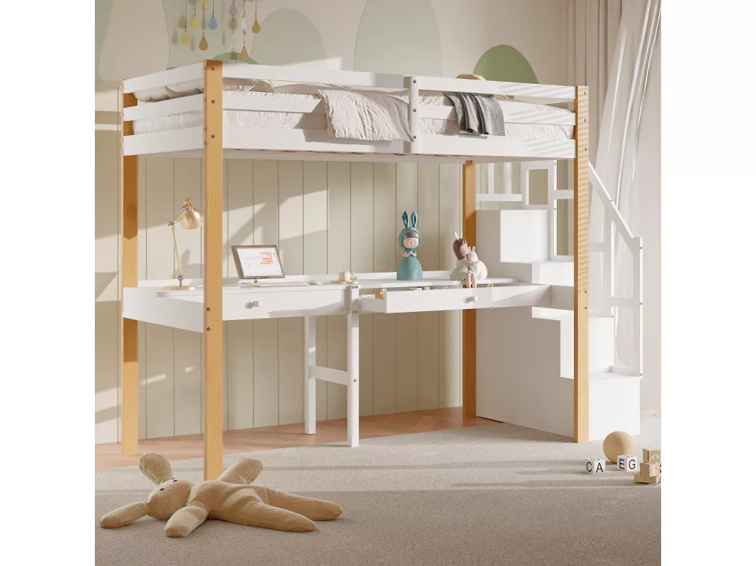 it superposé 90 x 200,lit mezzanine avec bureau,lit enfant avec escalier de rangement, garde-corps de sécurité,Blanc