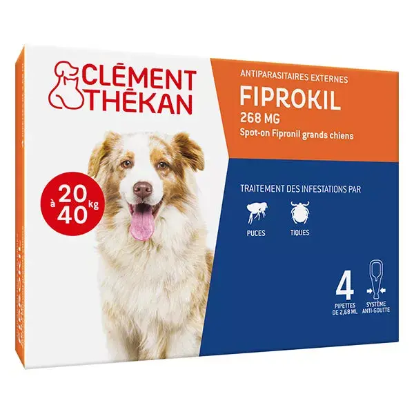 Clement Thekan Fiprokil Tratamento contra pulgas e carrapatos para cães de 20 a 40 kg, 4 pipetas