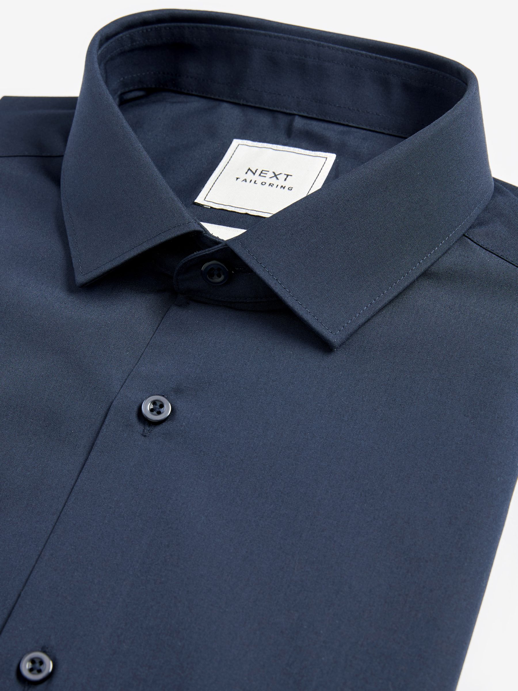 Marineblauw - Slim Fit - Strijkvrij net overhemd met enkele manchet