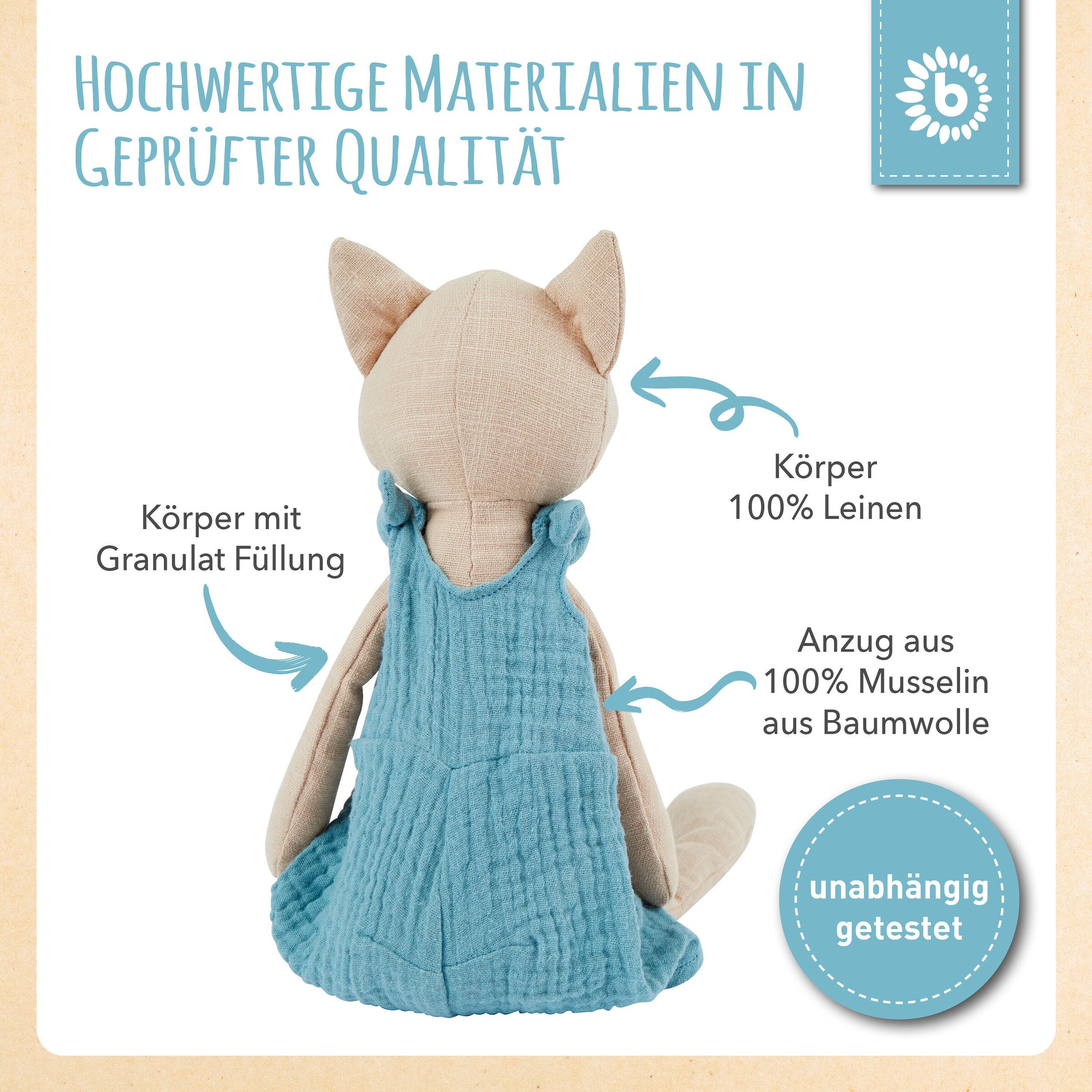 Bieco Kuscheltier aus Leinen & Musselin Fuchs - ab Geburt Blau