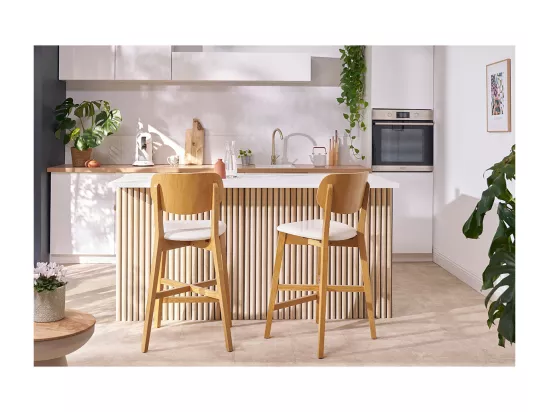 Tabouret de bar en bois clair chêne et tissu effet velours terracotta H65 cm LUCIA
