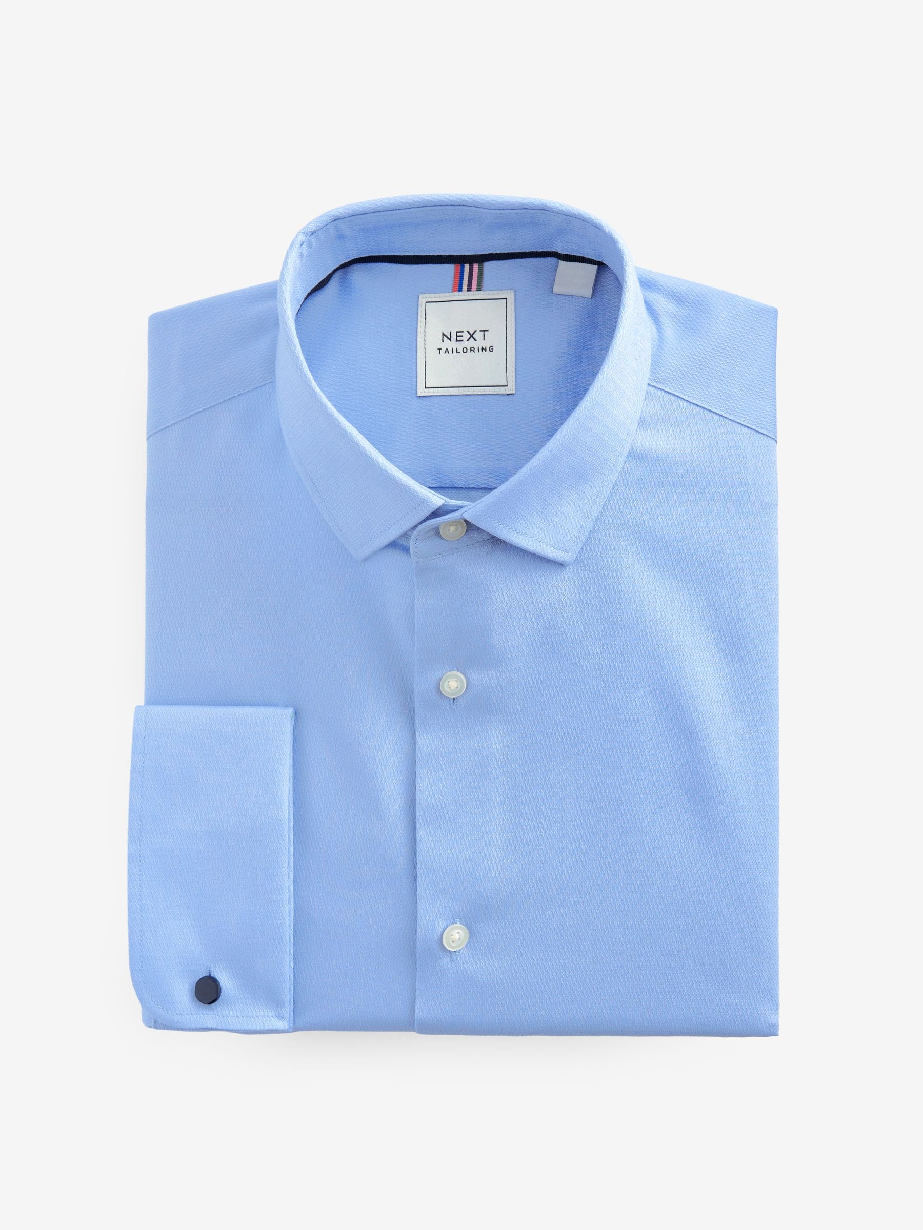 Blauw - Slim Fit - Eenvoudig te strijken slim fit overhemd met textuur en dubbele manchetten