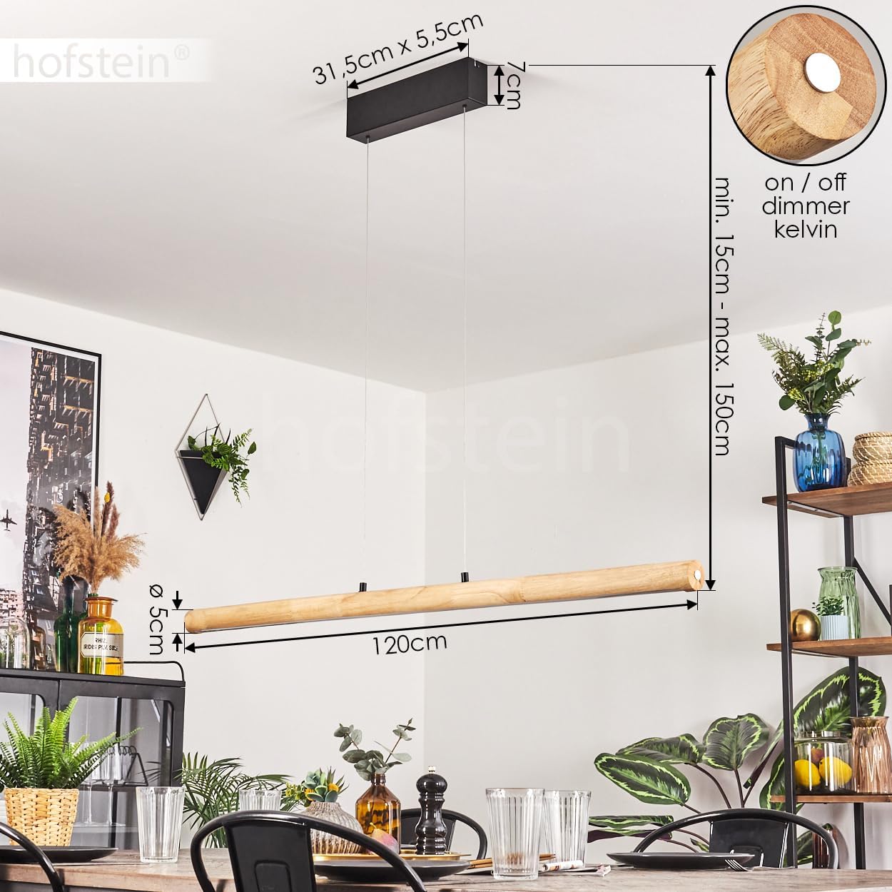 LED Pendelleuchte Carbellino, dimmbare Hängelampe aus Metall/Holz/Kunststoff in Schwarz/Naturfarben/Weiß, skandinavisches Design, Höhe max 150cm, Touchdimmer, LED 24 Watt, 3000-6000 Kelvin, 2550 Lumen