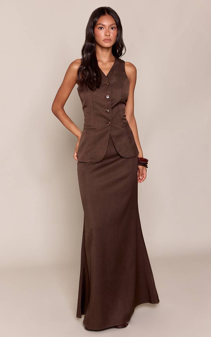 Marron Foncé Ensemble Coordonné Gilet Long Ajusté