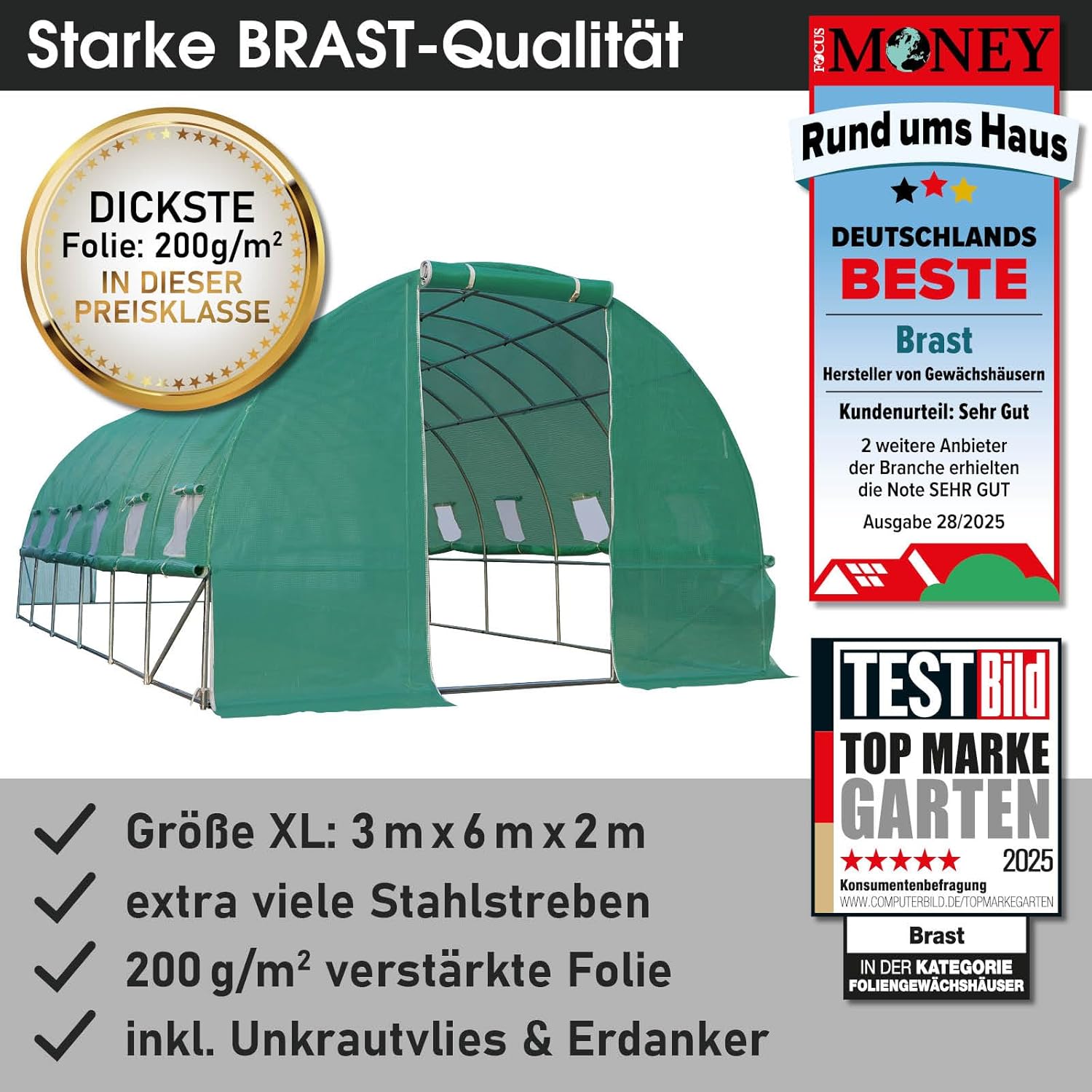 BRAST Gewächshaus Foliengewächshaus mit Stahlfundament | 2x3m - 3x8m | inkl. Erdanker Unkrautvlies & aufrollbare Seitenwände mit Moskitonetz | UV-stabilisierte Gitterschutzfolie 200g/m² | 300x600cm