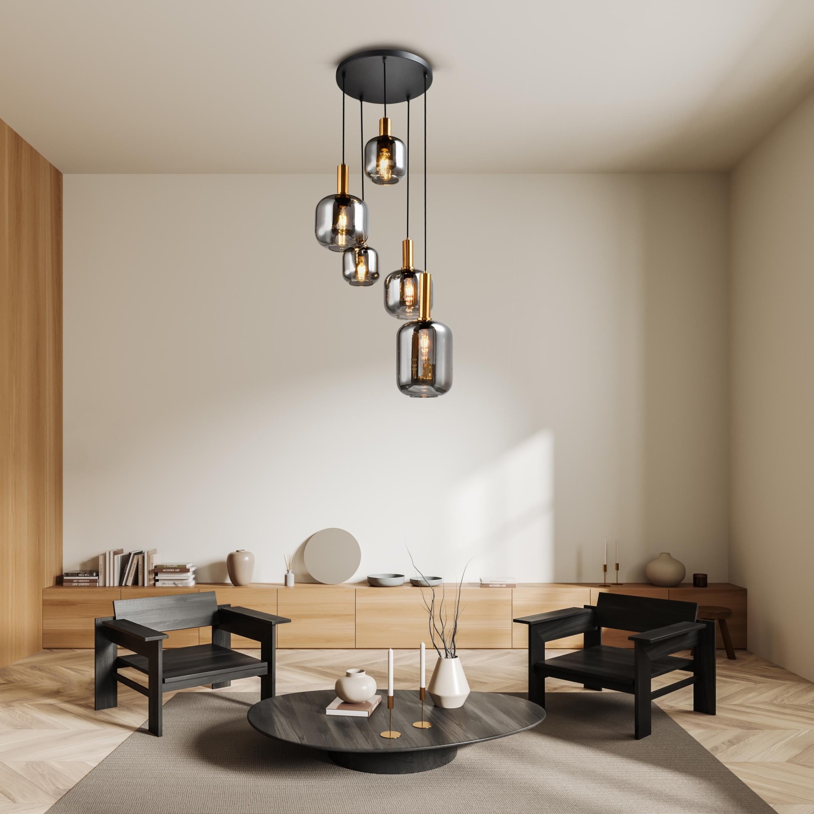 Pendelleuchte FUMO - schwarz-gold - Rauchglas - 5-flammig