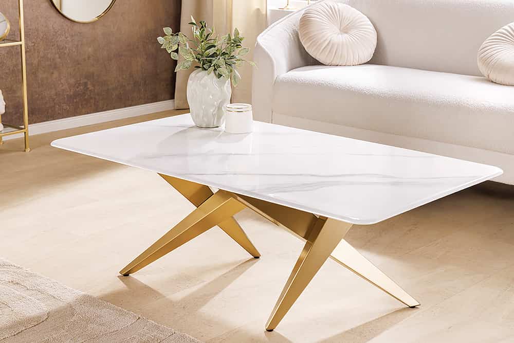 Moderner Couchtisch ART LIVING 130cm weiß Marmor Keramik champagner gold brushed
