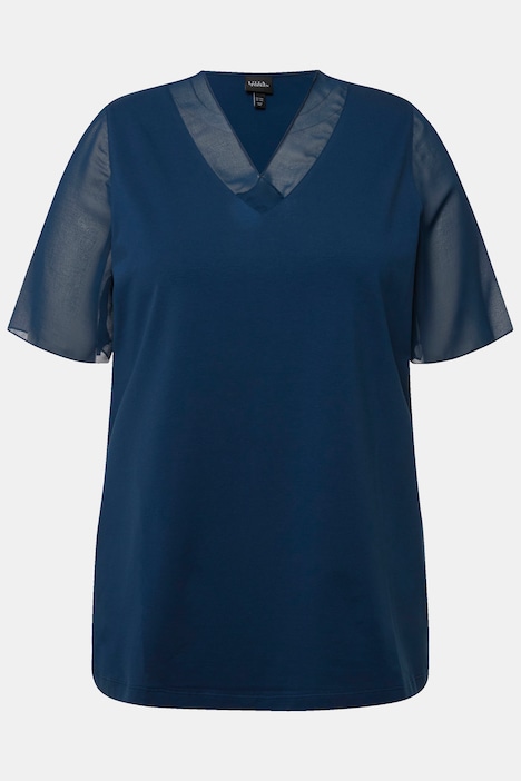T-Shirt, Chiffon-Blende, V-Ausschnitt, Chiffon-Halbarm