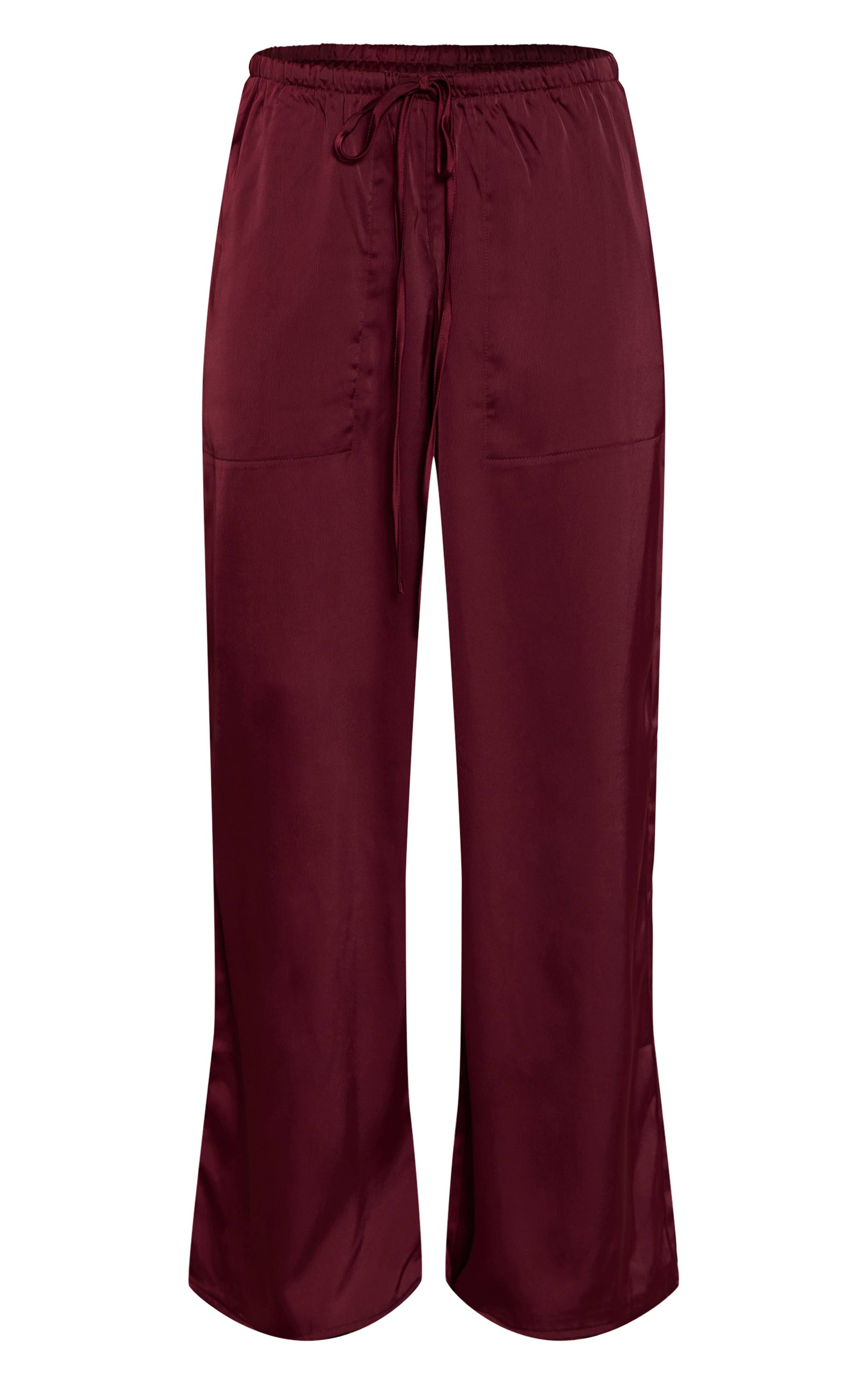 Rouge Bordeaux Pantalon Large Taille Basse En Satin Avec Cordon De Serrage