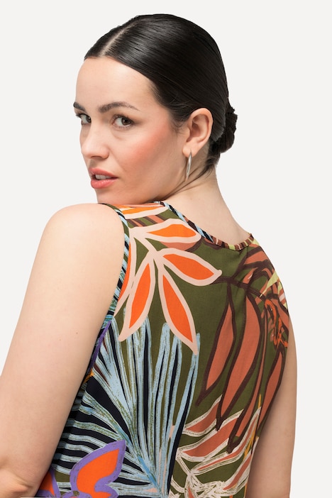 Kleid, Blätter, Volantsaum, V-Ausschnitt, ärmellos