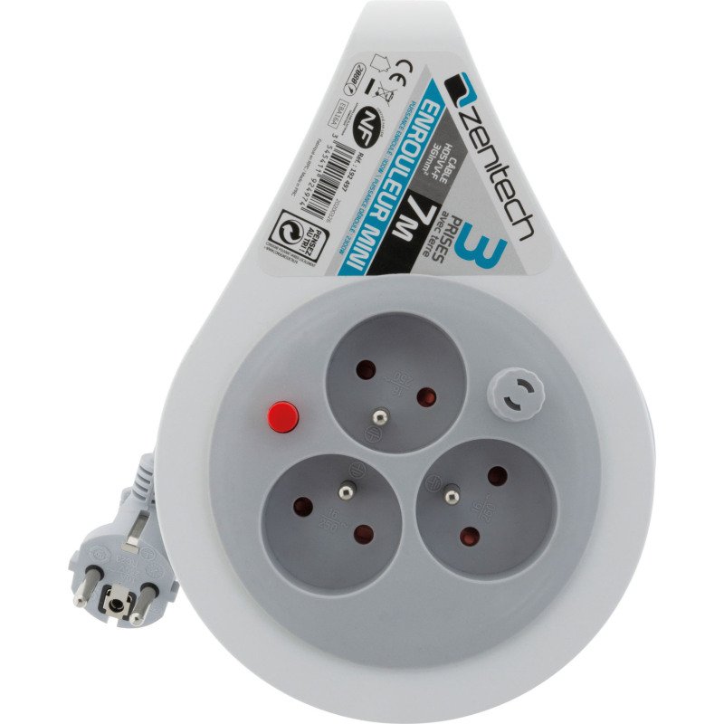 Mini enrouleur 3 Prises - câble 7 m - Zenitech