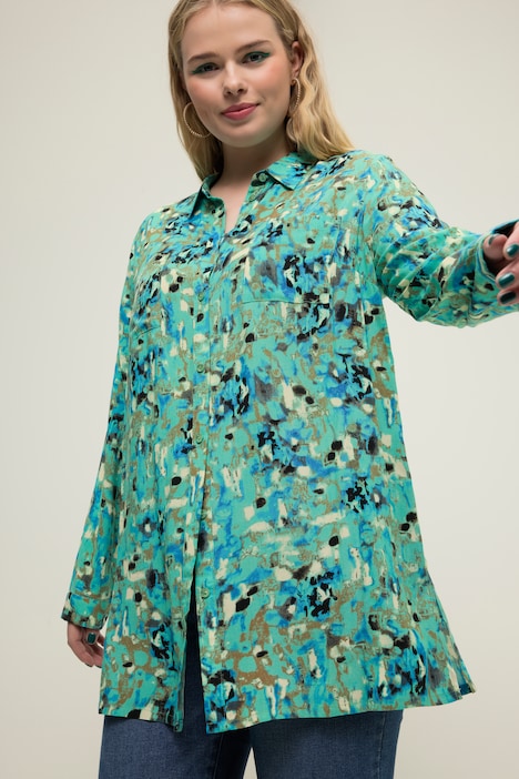 Hemdbluse, Alloverprint, Longform, Hemdkragen, Langarm
