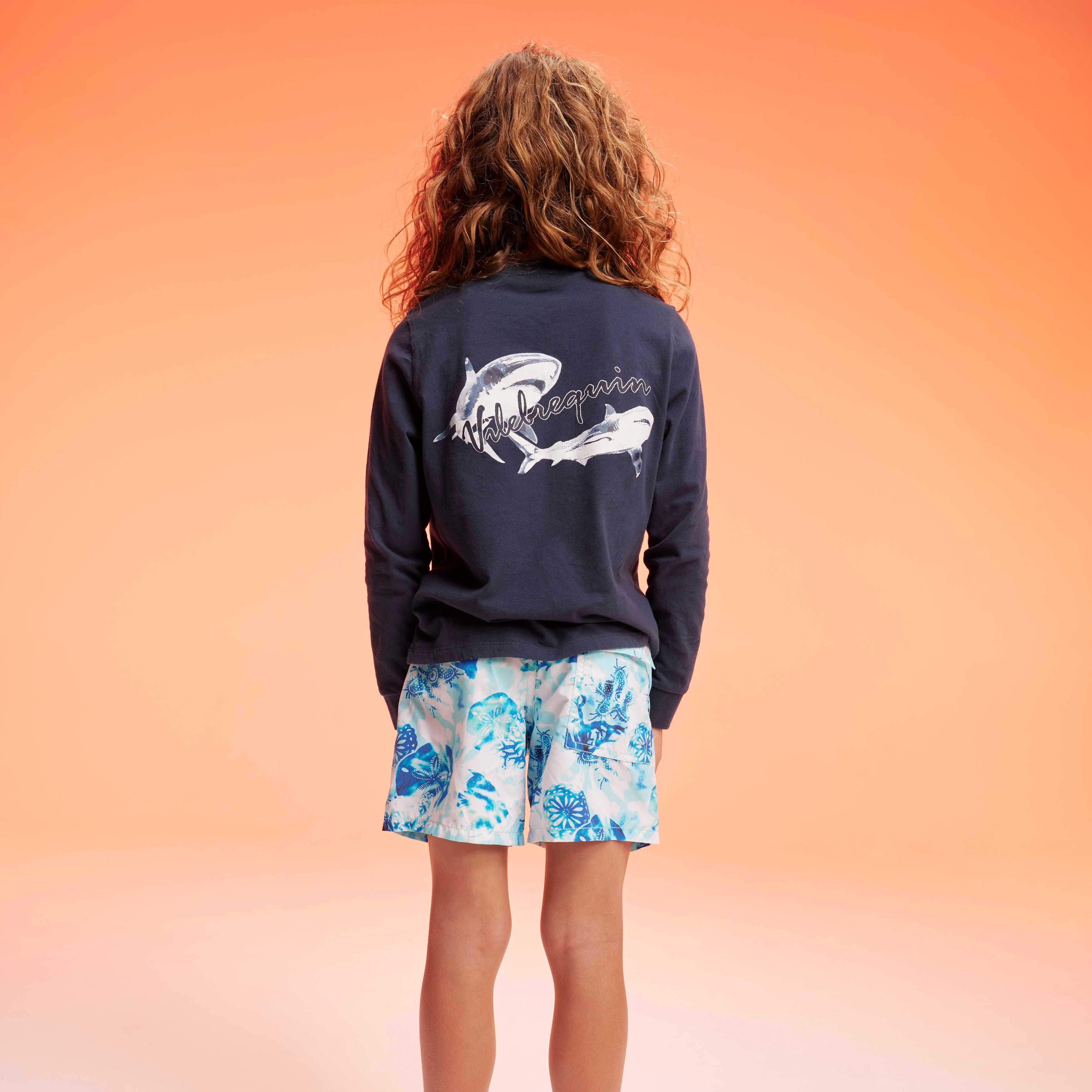 T-shirt en Coton Organique Garçon Imprimé Requins au Dos
