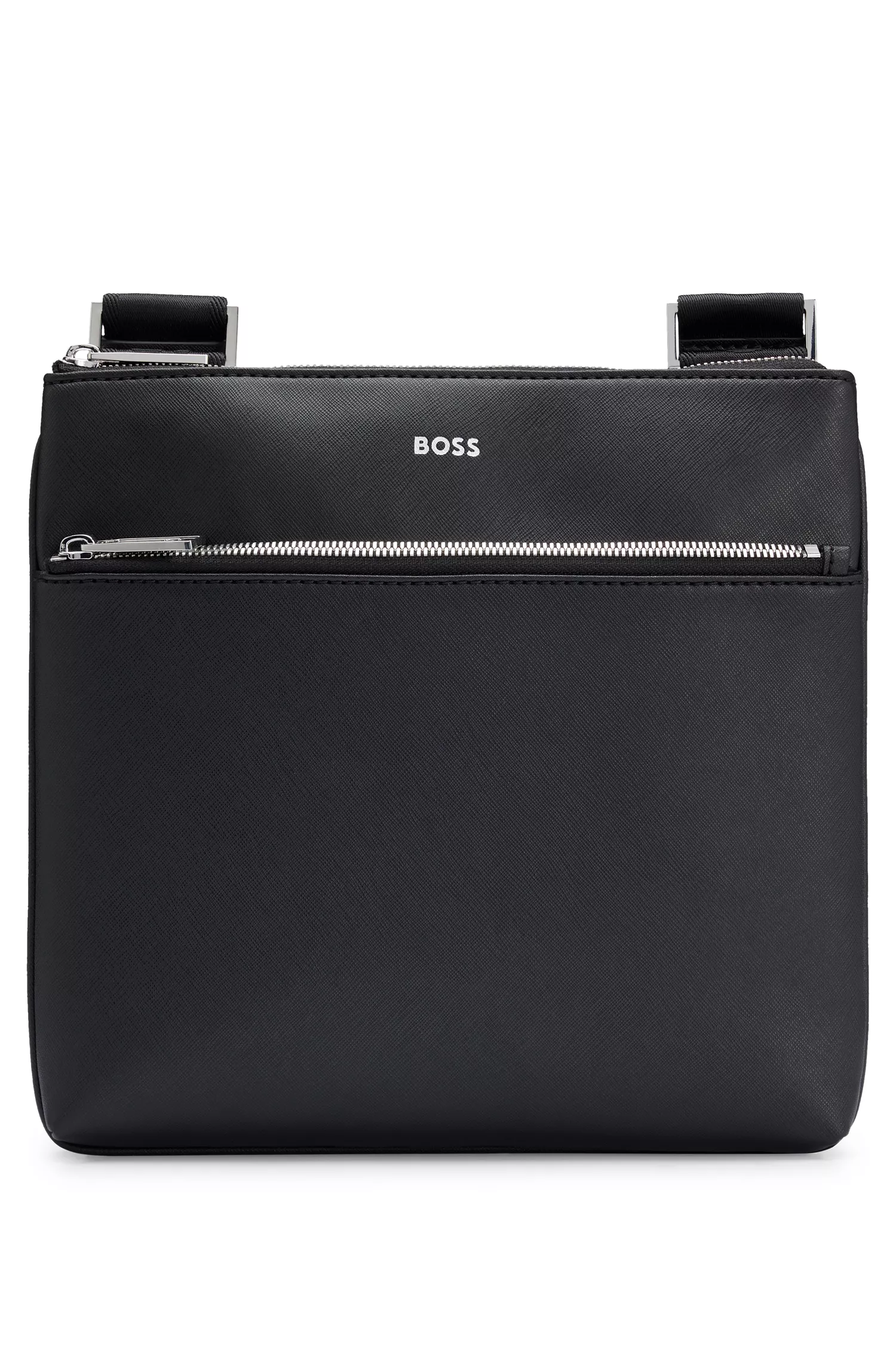Bolsa BOSS preta em formato de envelope com listra característica e detalhe do logotipo.