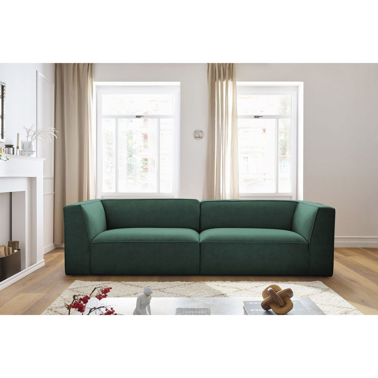 Bobochic Canapé droit fixe 4 places en Velours Molière vert - 273x99x71 cm
