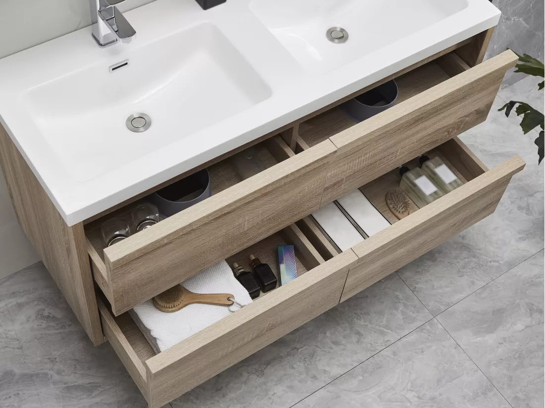 Meuble de salle de bain suspendu avec vasque à encastrer - Coloris naturel clair - 120 cm - QUADRA