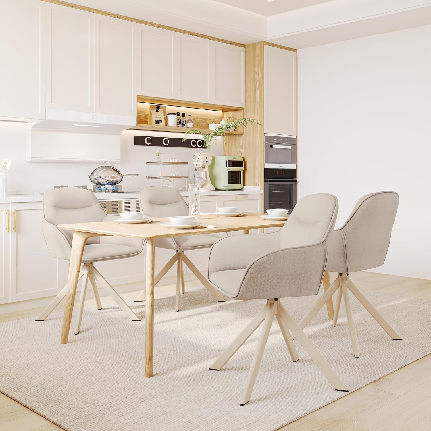 Esszimmerstuhl Beige mit Armlehne 4er Set drehstuhl Esszimmer Küchenstuhl Polsterstuhl aus Polyester mit Metallbeine und Rückenlehne für Esszimmer Küche Büro