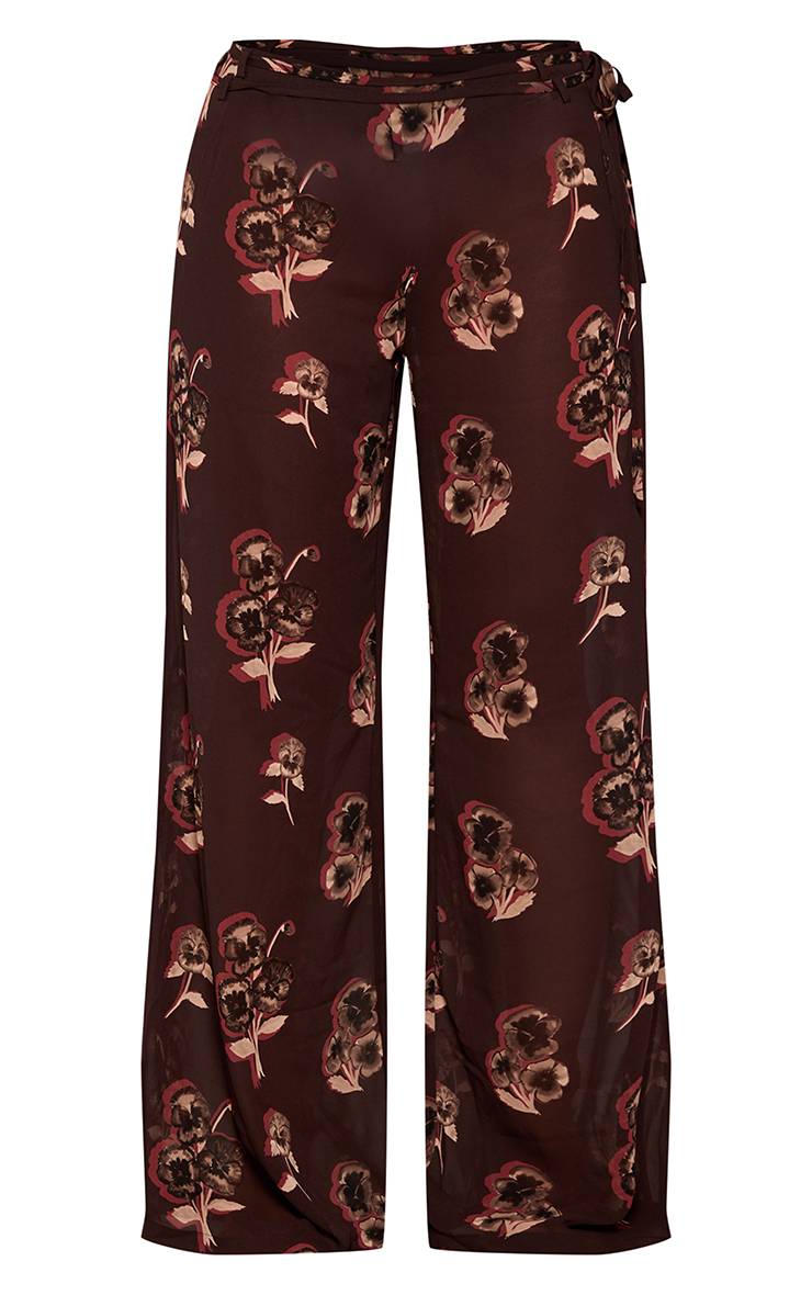 Chocolat Pantalon Large Taille Basse Transparent À Imprimé Floral Petite Taille Avec Haut Assorti