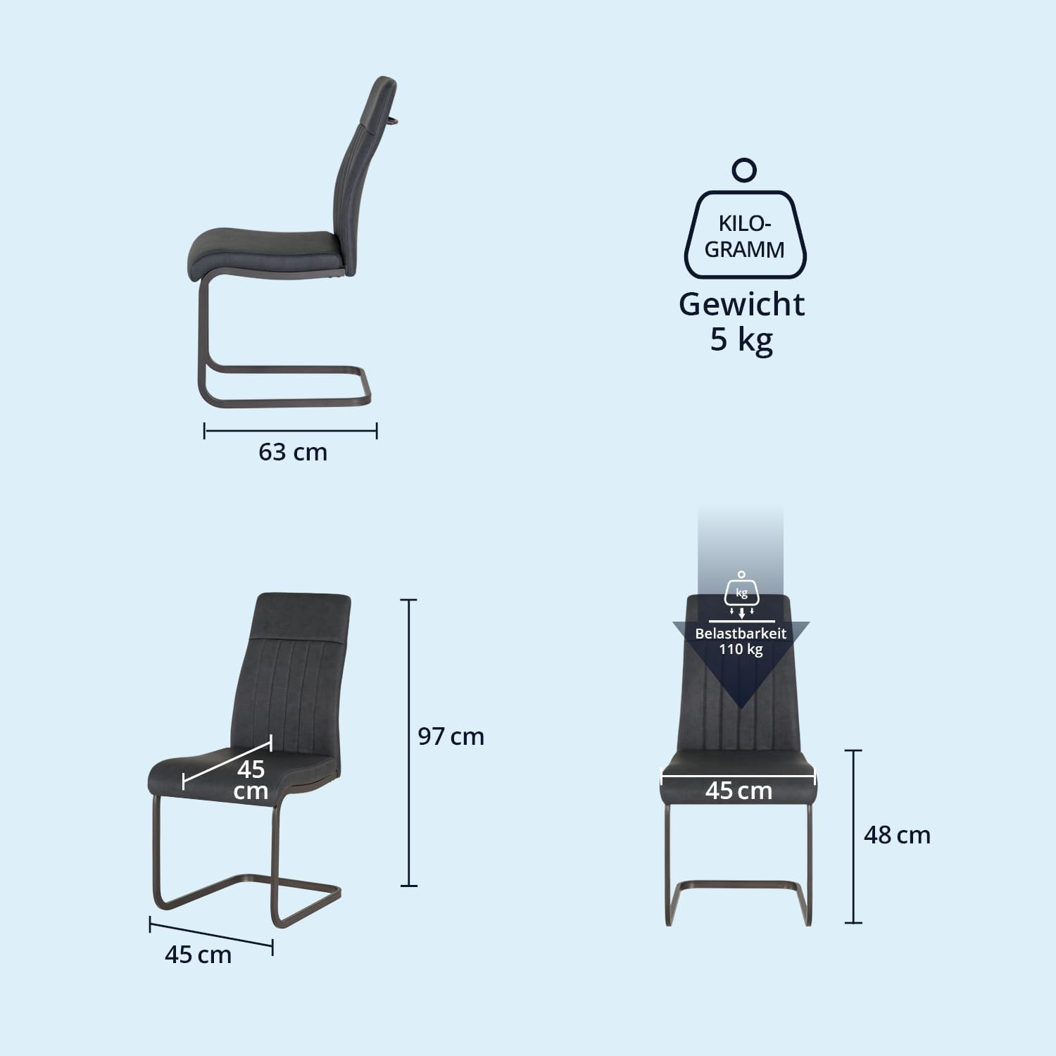 KHG 4er Set Esszimmerstühle Schwingstuhl Polsterstuhl Küchenstuhl Kunstleder Anthrazit - Design Stuhl Sitzhöhe 48 cm - Freischwinger mit Griff, für Esszimmer, Büro, Küche