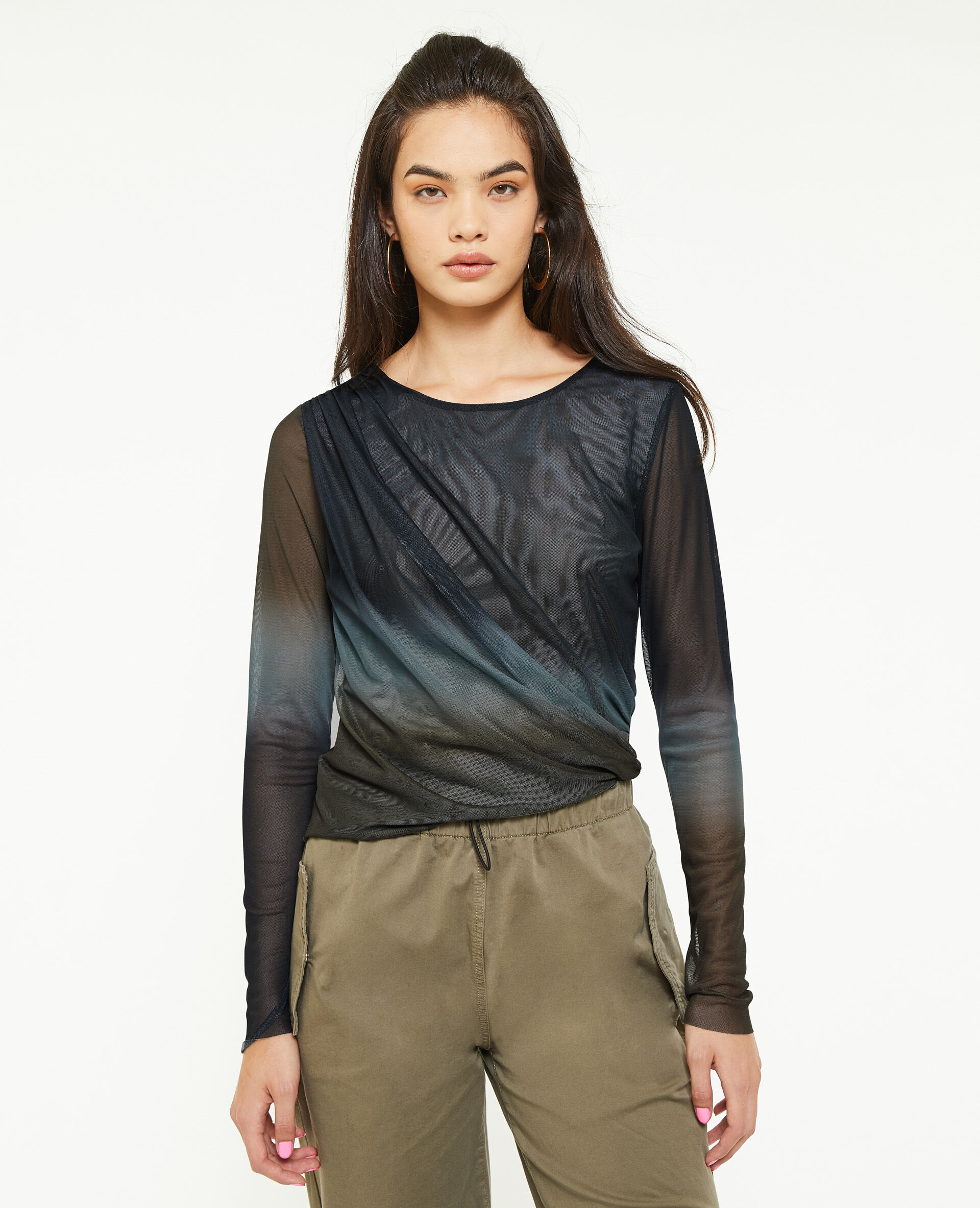 Top en micro-mesh avec fronces - Bleu