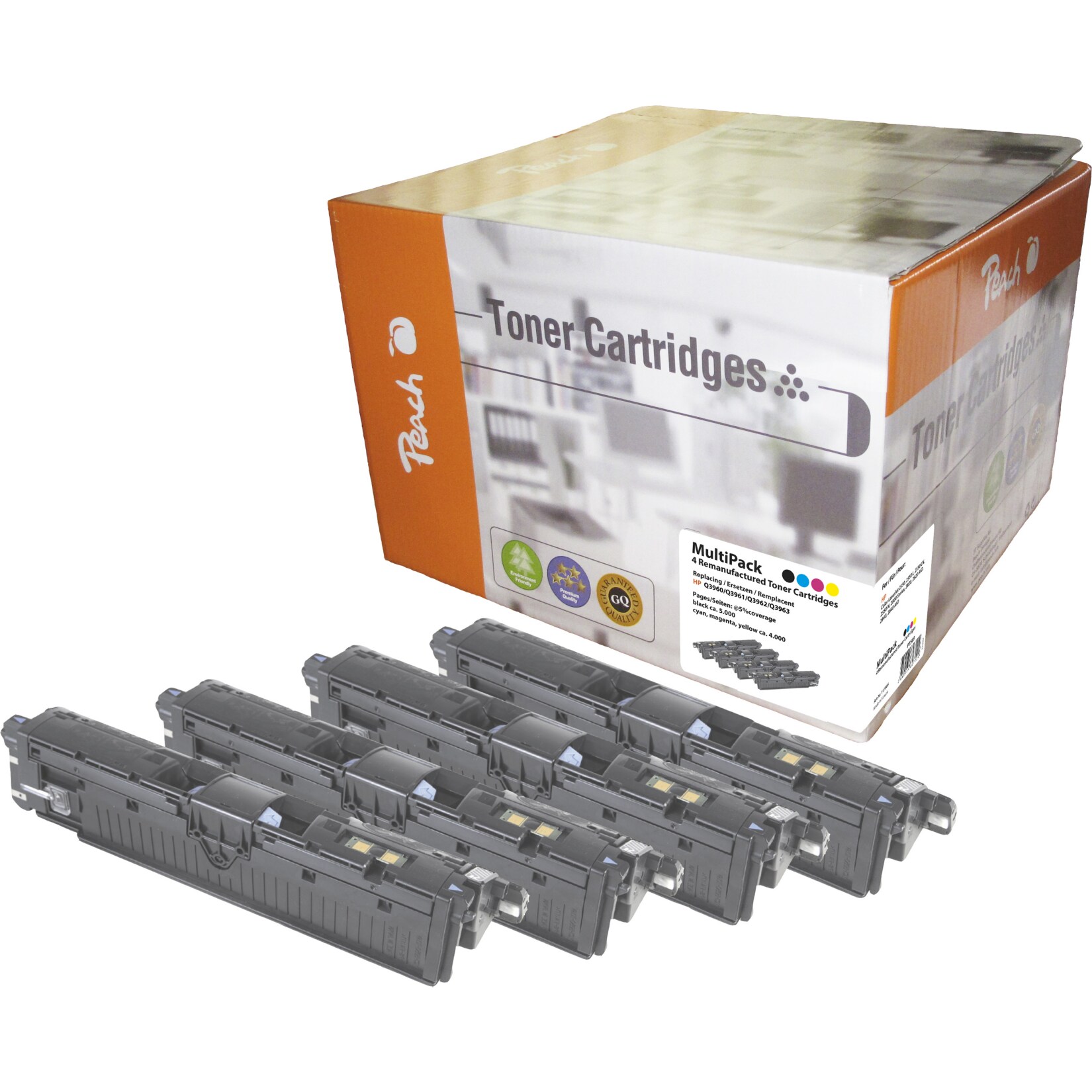 Peach HP 122 A 4 Toner (bk, c/m/y) ersetzt HP No. 122A , C3961A, C3962A, C3963A, C3964A für z.B. HP Color LaserJet 2550, HP Color LaserJet 2550 L (wiederaufbereitet)