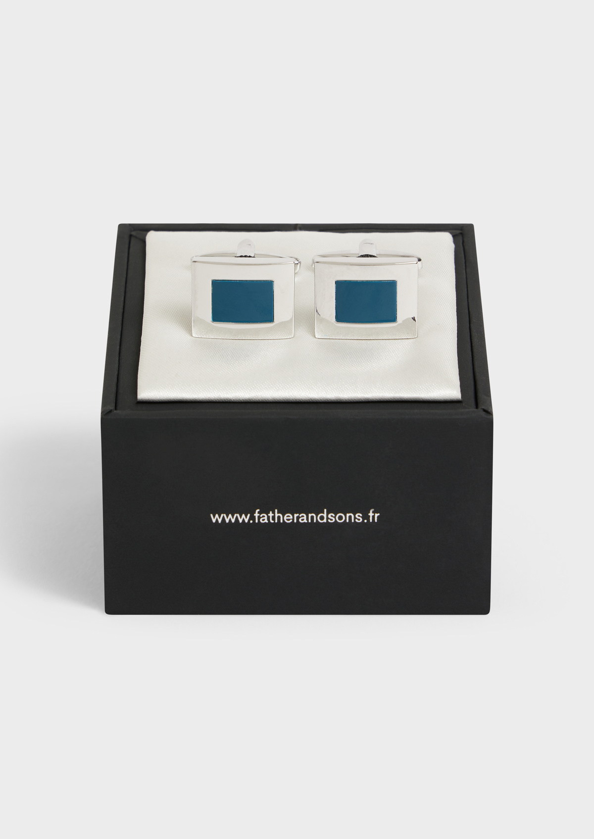 Boutons de manchettes rectangles argent avec pierres bleu paon
