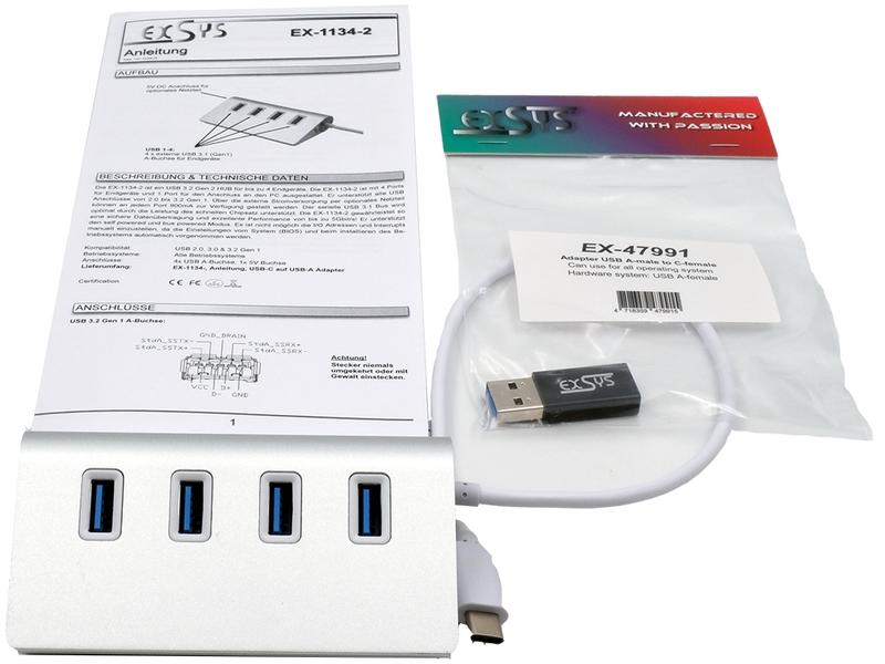 Exsys USB-Hub EX-1134-2 4-Port USB 3.0 HUB in einem elegantem Metall-Gehäuse