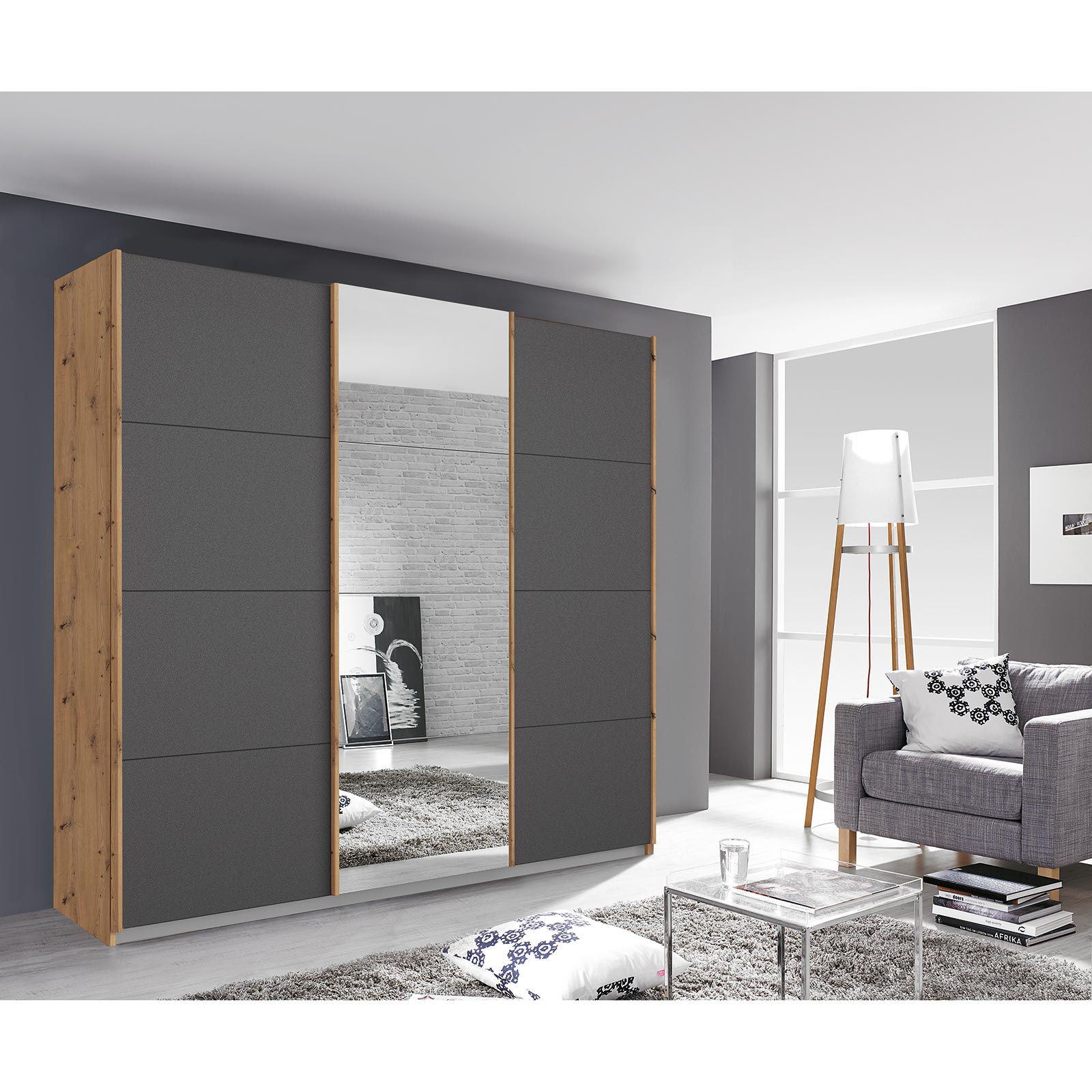 Schwebetürenschrank - grau metallic - Eiche Artisan - mit Spiegel - 203x210 cm