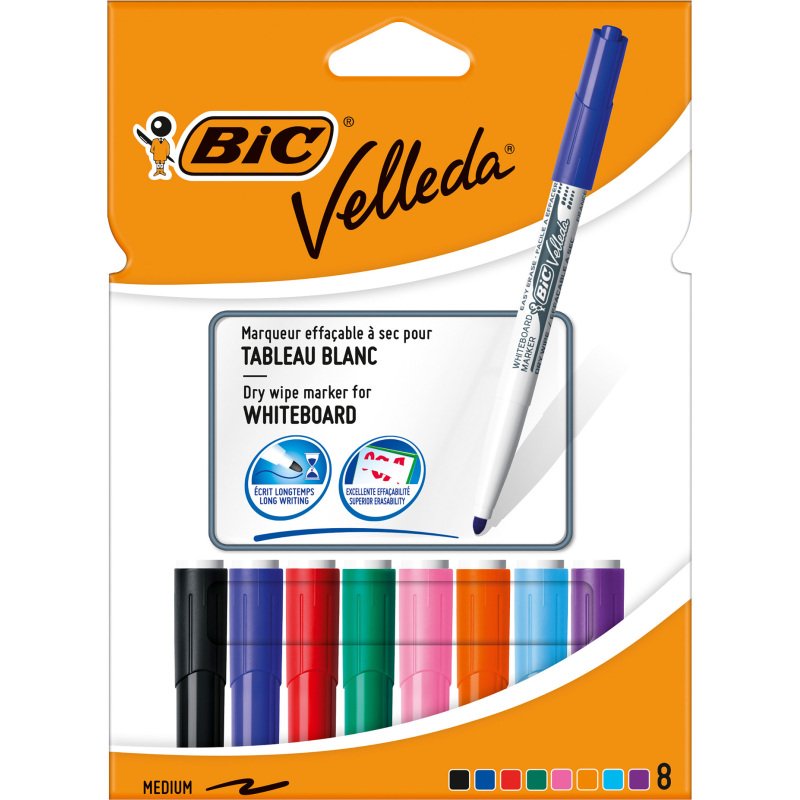 Marqueur effaçable Bic Velleda 1741 pointe ogive 2 mm - Pochette de 8 couleurs assorties