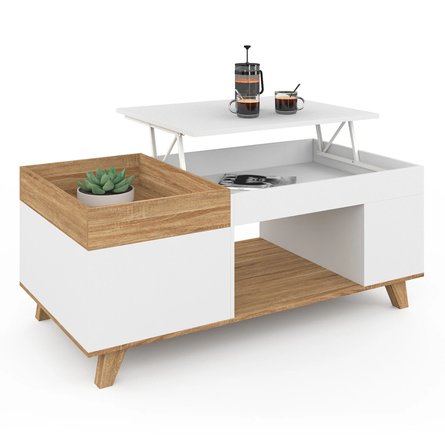 Table basse rectangulaire plateau relevable et plateau amovible avec coffre LOLA bois et blanc