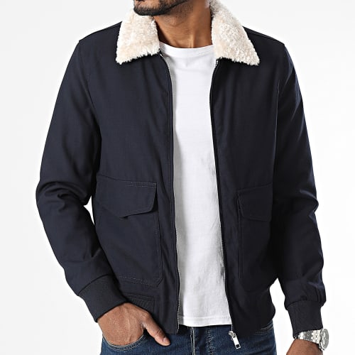 Veste Zippée Col Fourrure Bleu Marine